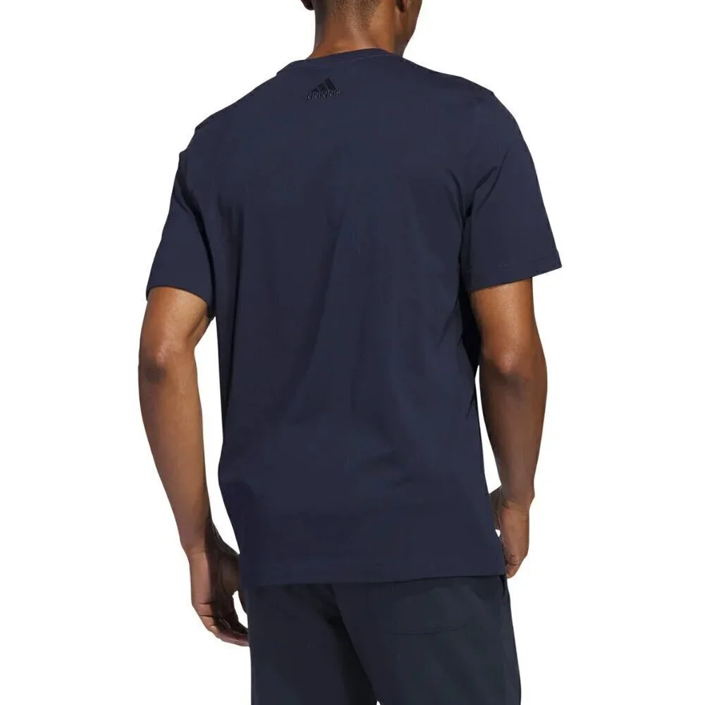 adidas Mens Graphic Tee Navy Blue with Yellow Logo Spellout Stretch 100% Cotton